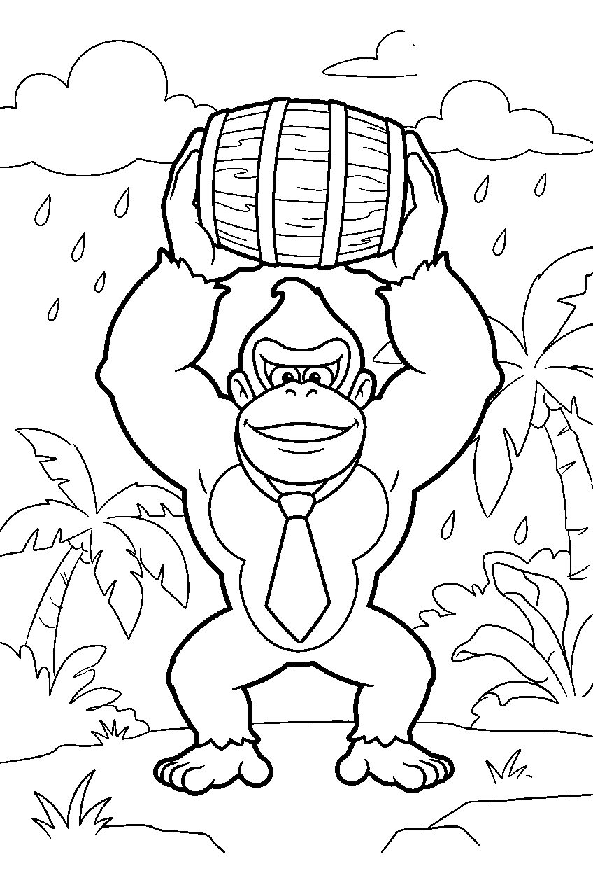 donkey kong holding a barrel overhead in a stormy jungle line art