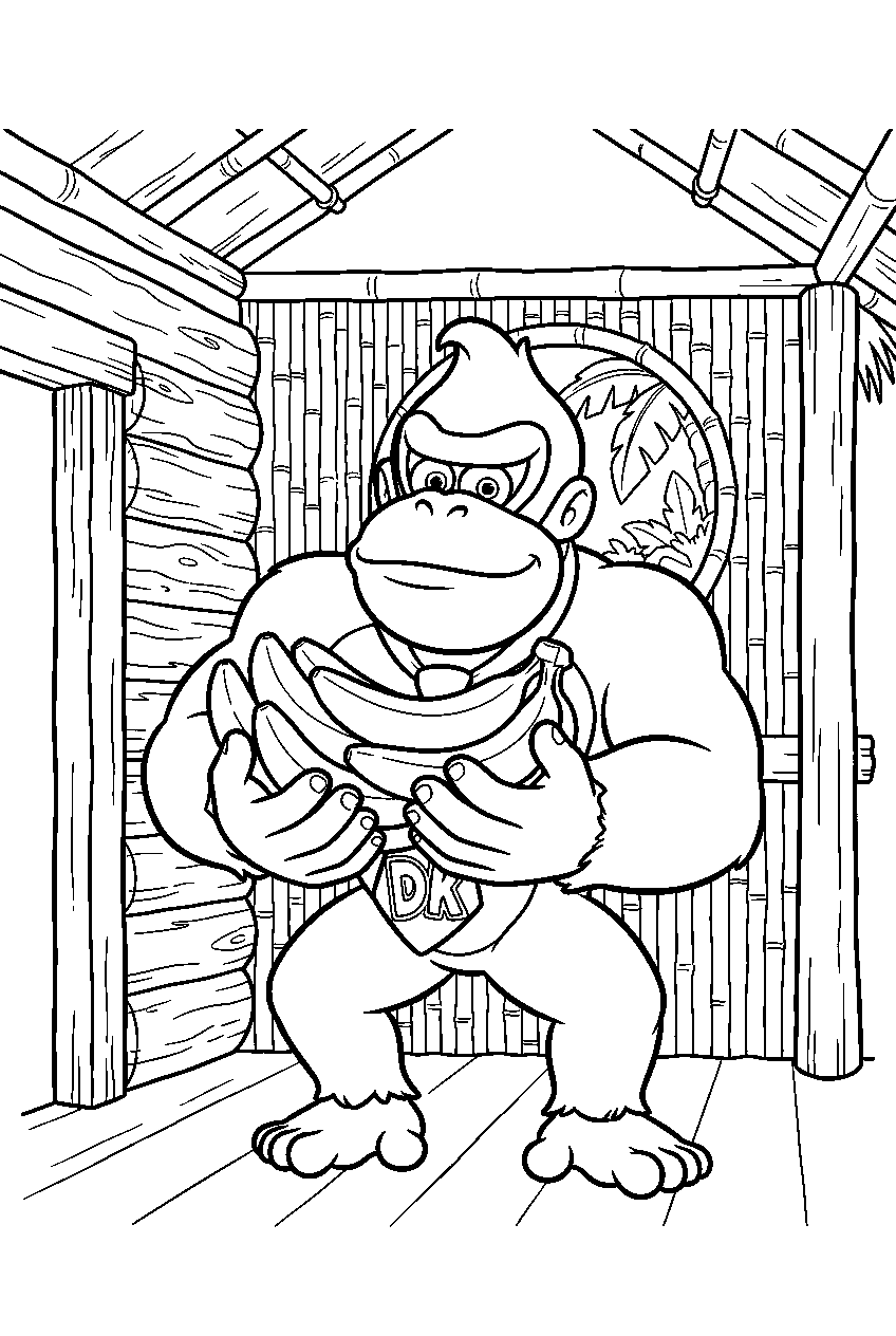 donkey kong holding a bunch of bananas inside a jungle hut line art