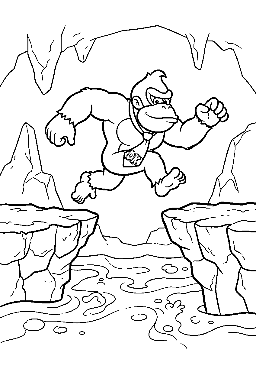 donkey kong jumping between stone platforms inside a lava cave line art