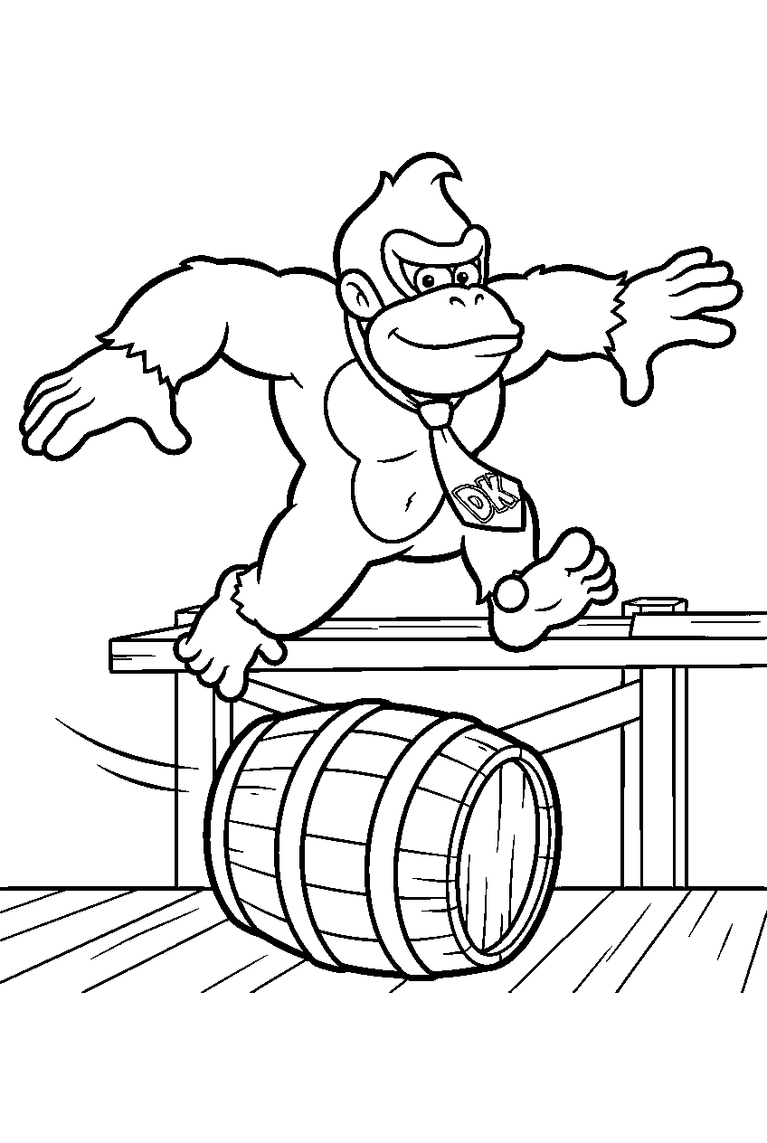 donkey kong jumping over a rolling barrel on a barrel course line art
