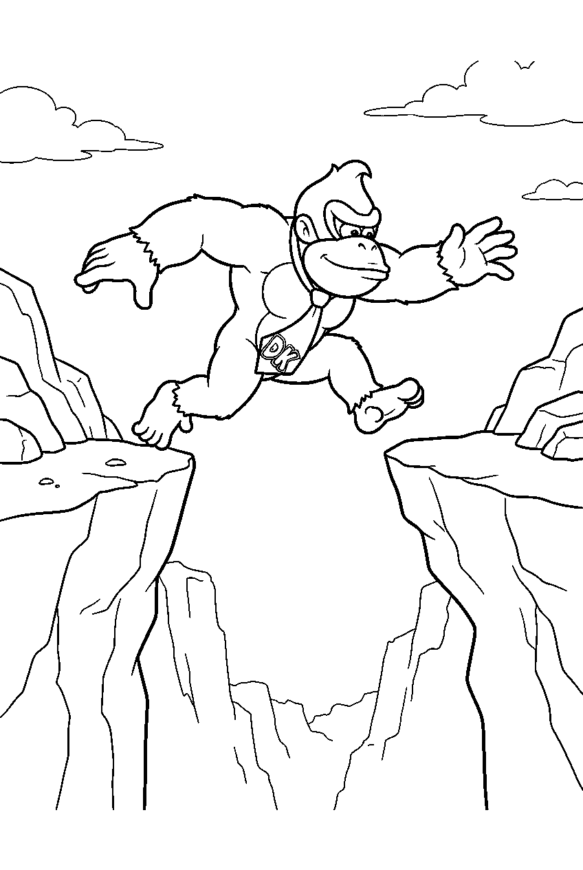 donkey kong leaping across a gap in a rocky canyon line art