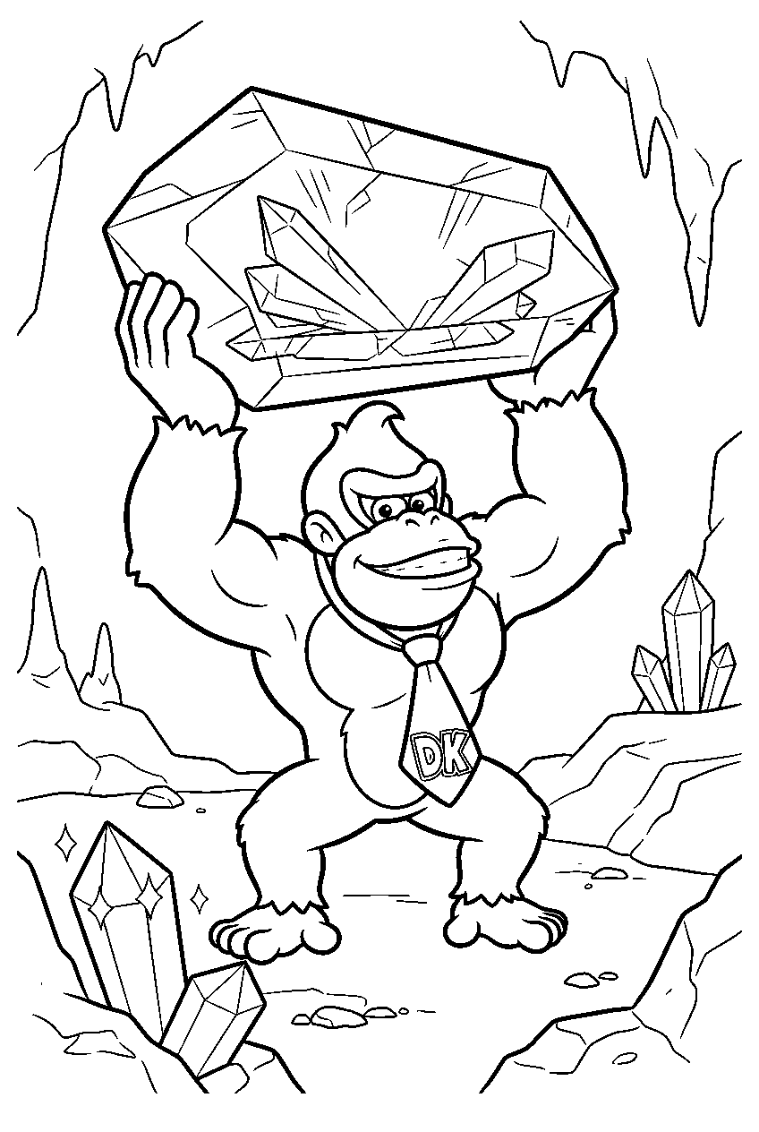 donkey kong lifting a giant crystal inside a bananza crystal cavern line art