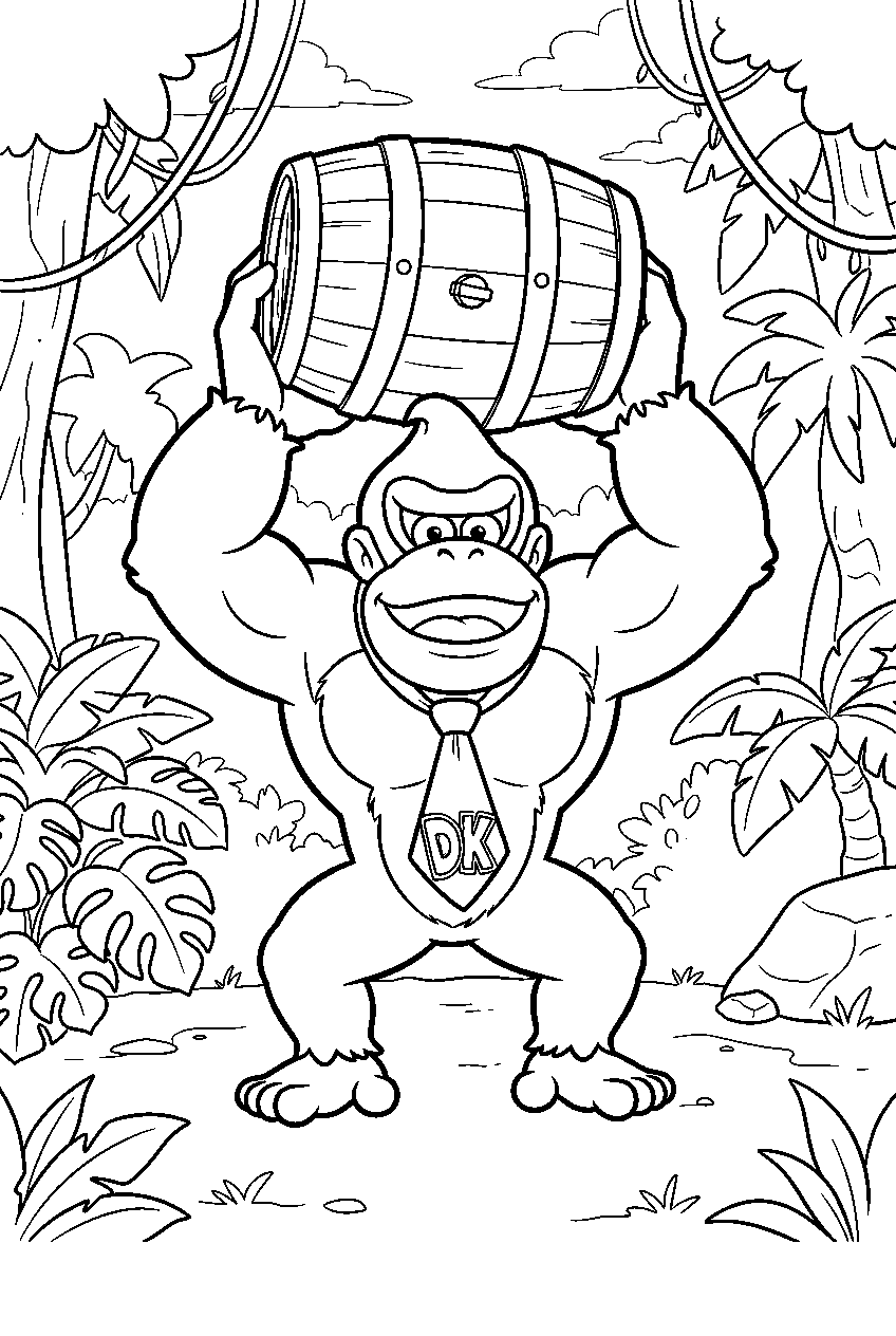 donkey kong lifting a wooden barrel in a jungle clearing line art