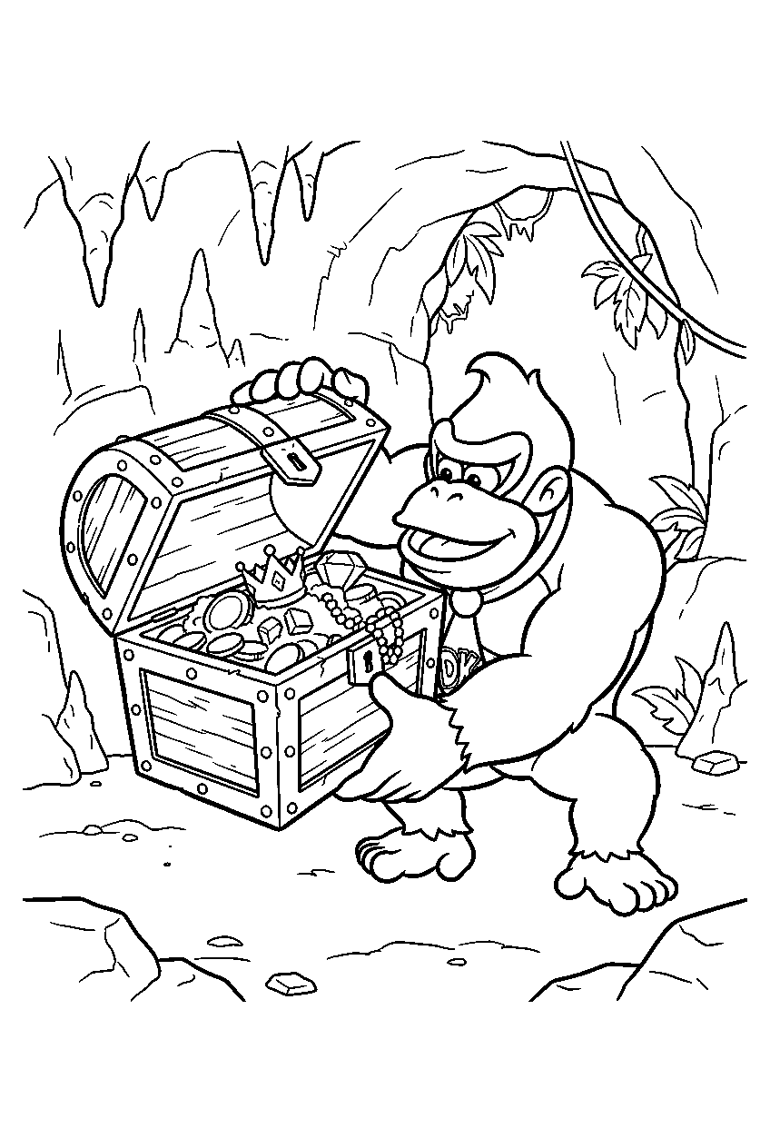 donkey kong lifting the lid of a treasure chest inside a jungle cave line art