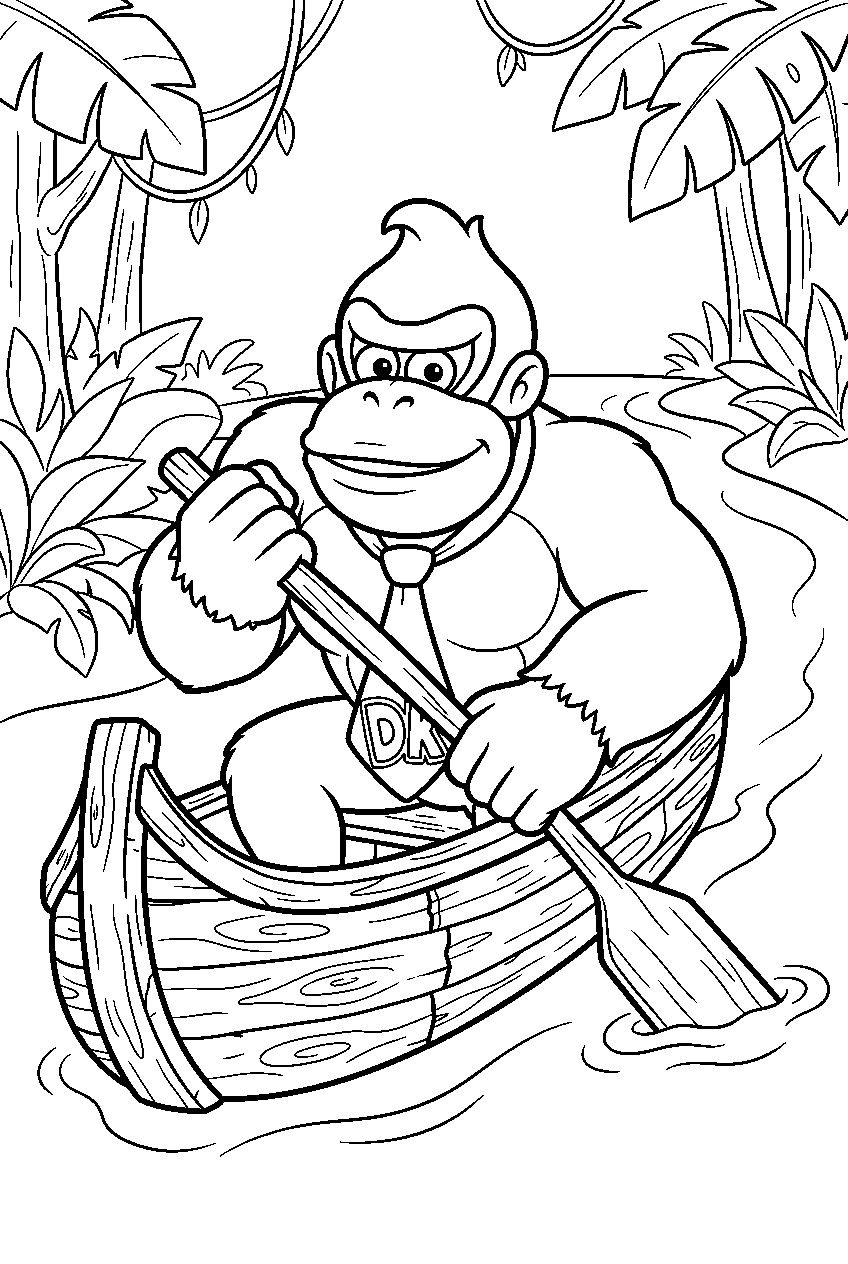 donkey kong paddling a wooden canoe on a rainforest river line art