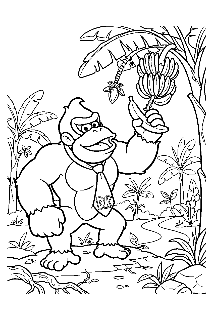 donkey kong picking a ripe banana in a banana plantation line art