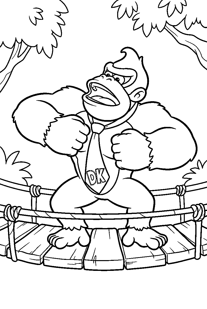 donkey kong pounding his chest on a treetop bridge line art