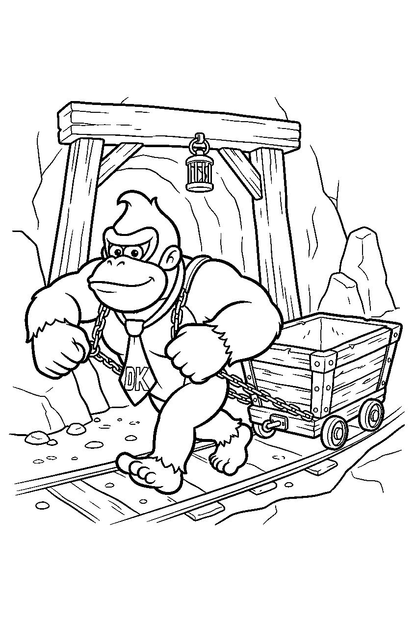 donkey kong pulling an empty cart at a mine entrance line art