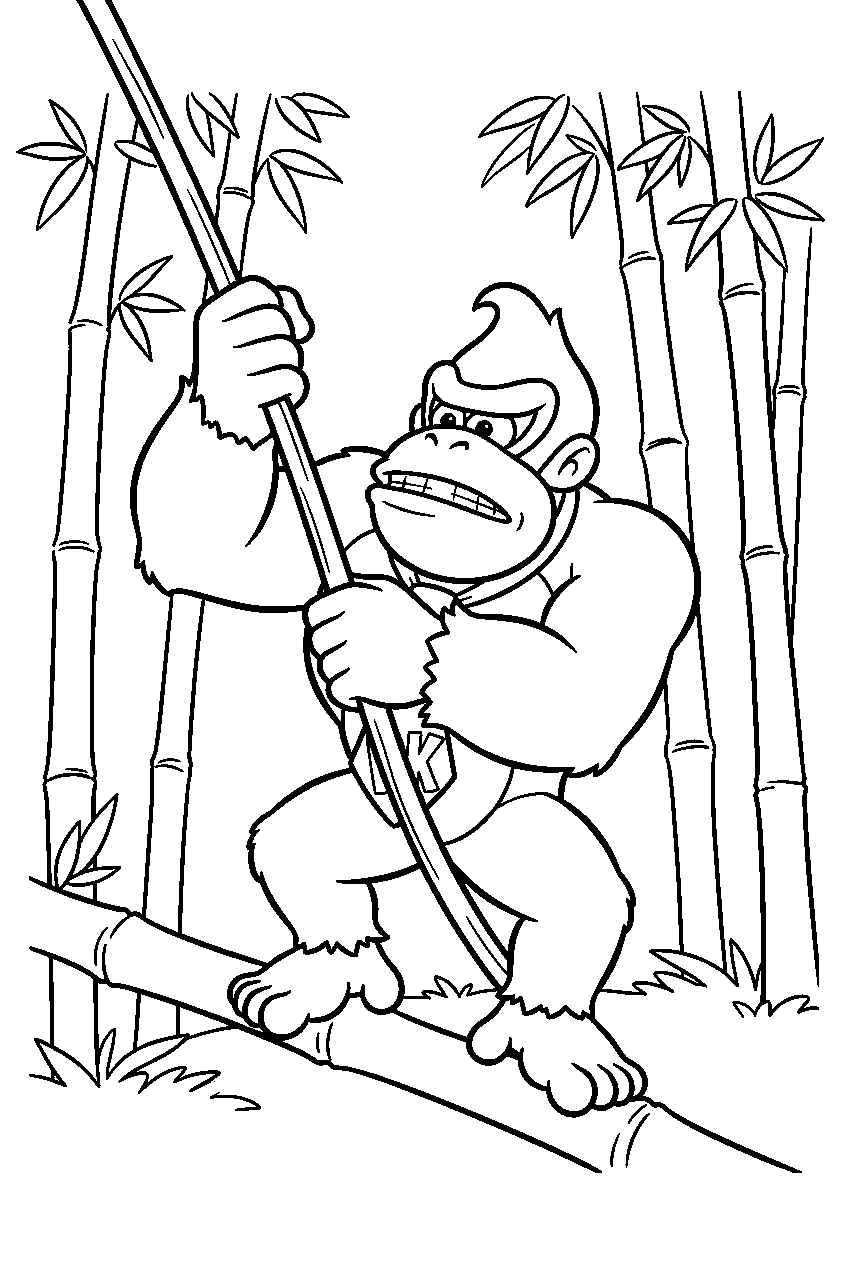 donkey kong pulling down a vine in a bamboo forest line art