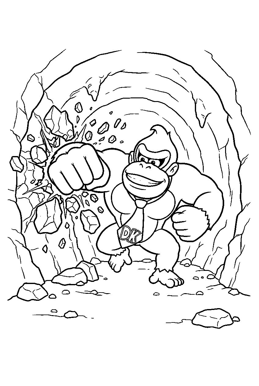 donkey kong punching through a wall inside a rocky tunnel line art