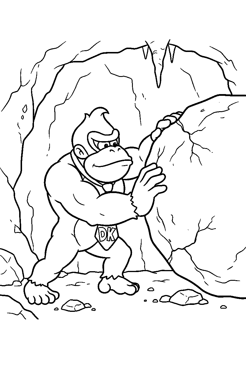 donkey kong pushing a boulder inside a mountain cave line art