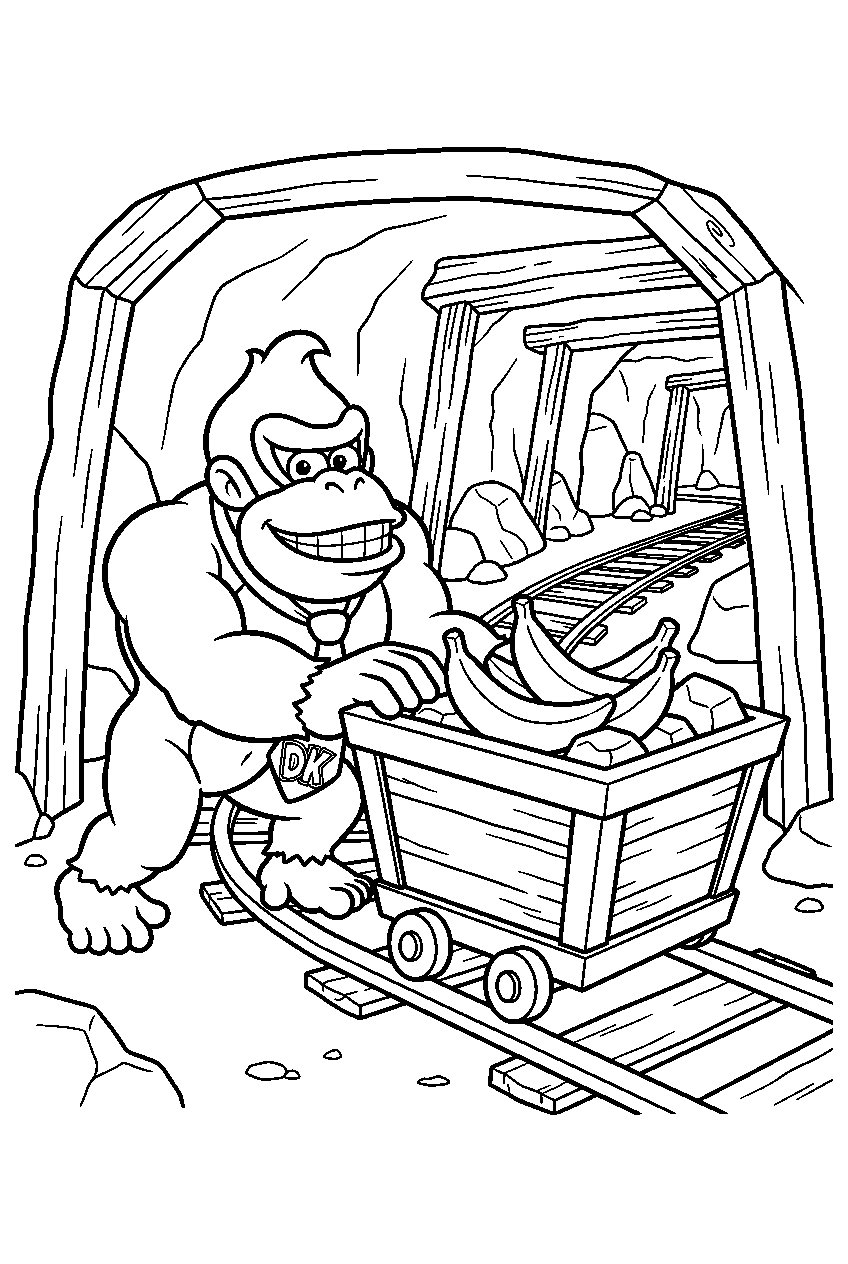 donkey kong pushing a minecart in a bananza mine tunnel line art