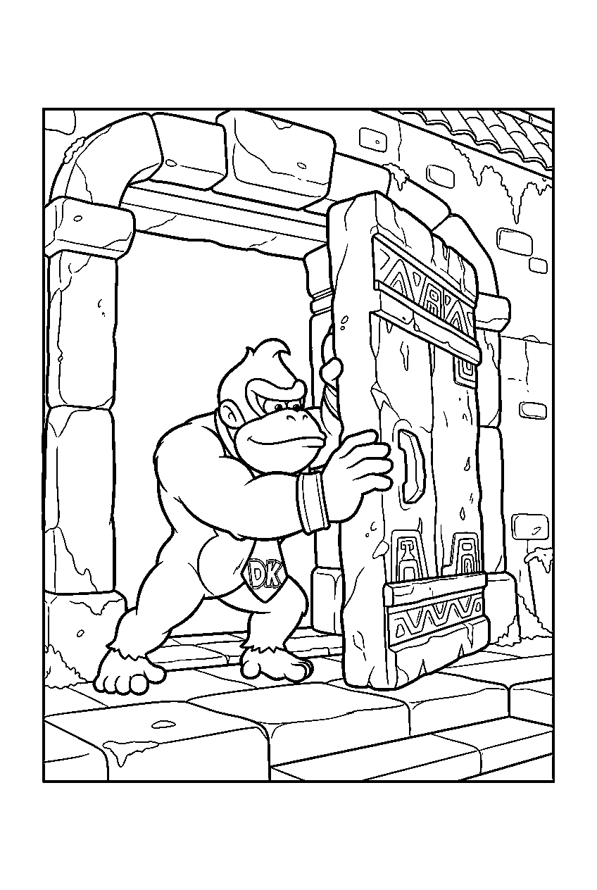 donkey kong pushing open a stone door at a temple gate line art