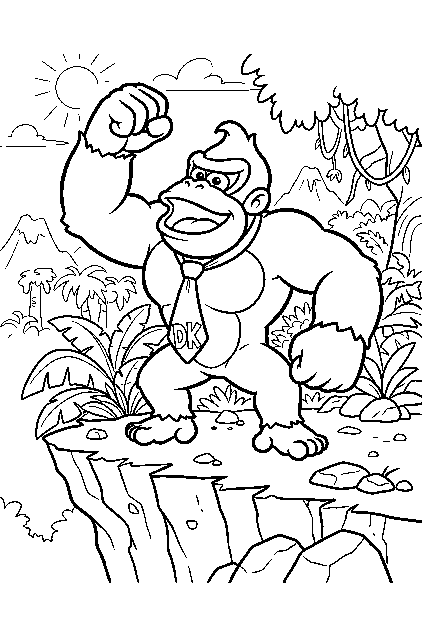 donkey kong raising one fist on a jungle cliff line art