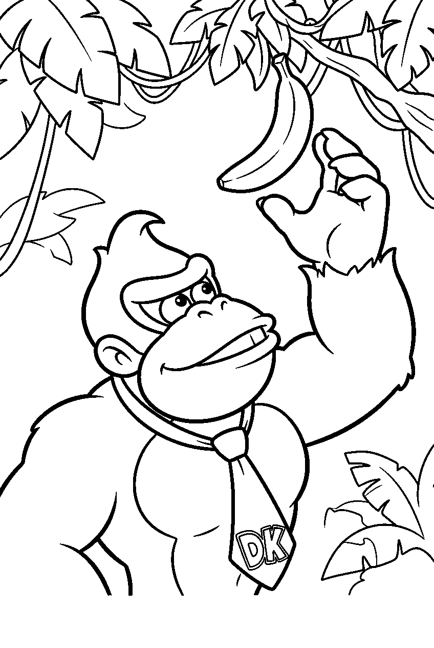 donkey kong reaching for a banana beneath the jungle canopy line art