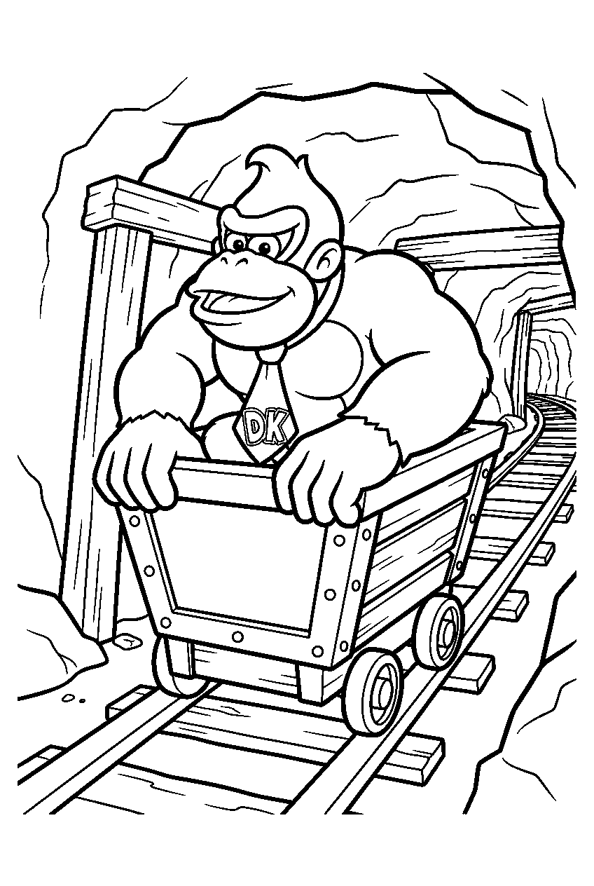 donkey kong riding a minecart in a minecart tunnel line art
