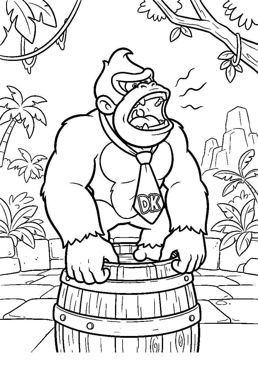 donkey kong roaring from a barrel platform in a jungle arena line art