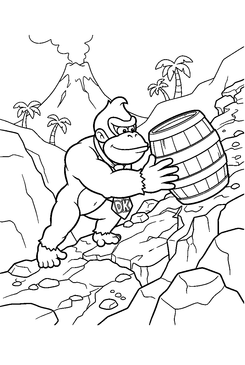 donkey kong rolling a barrel uphill on a volcanic trail line art