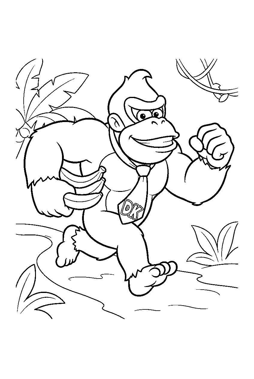 donkey kong running with bananas on a jungle path line art