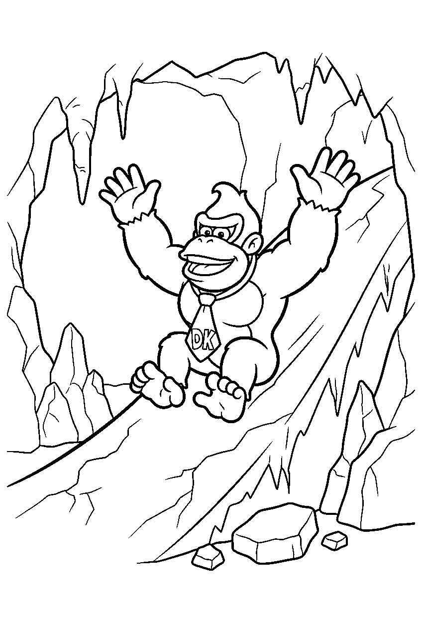 donkey kong sliding down a frozen slope inside an icy cavern line art