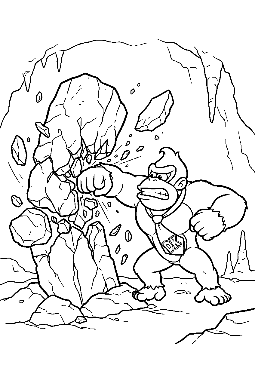 donkey kong smashing a rock pillar in the bananza underground world line art