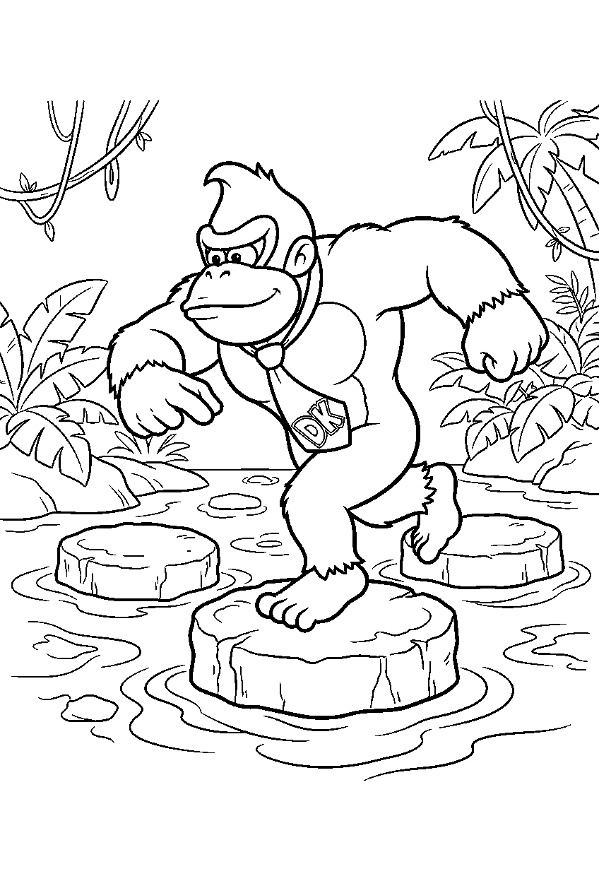 donkey kong stepping across round stones in a jungle swamp line art