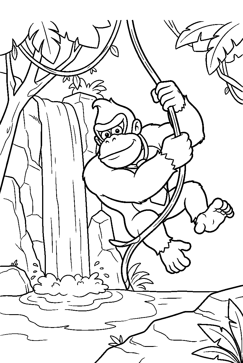 donkey kong swinging on a vine beside a jungle waterfall line art