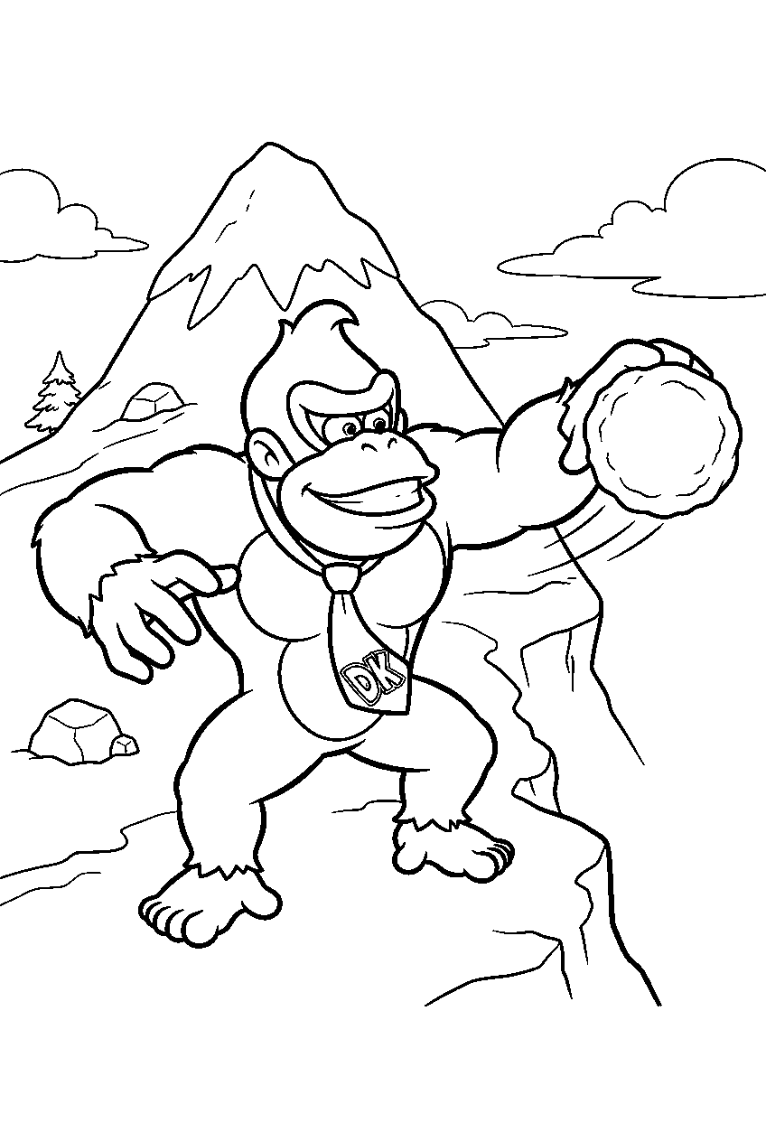 donkey kong throwing a snowball on a snowy mountain line art