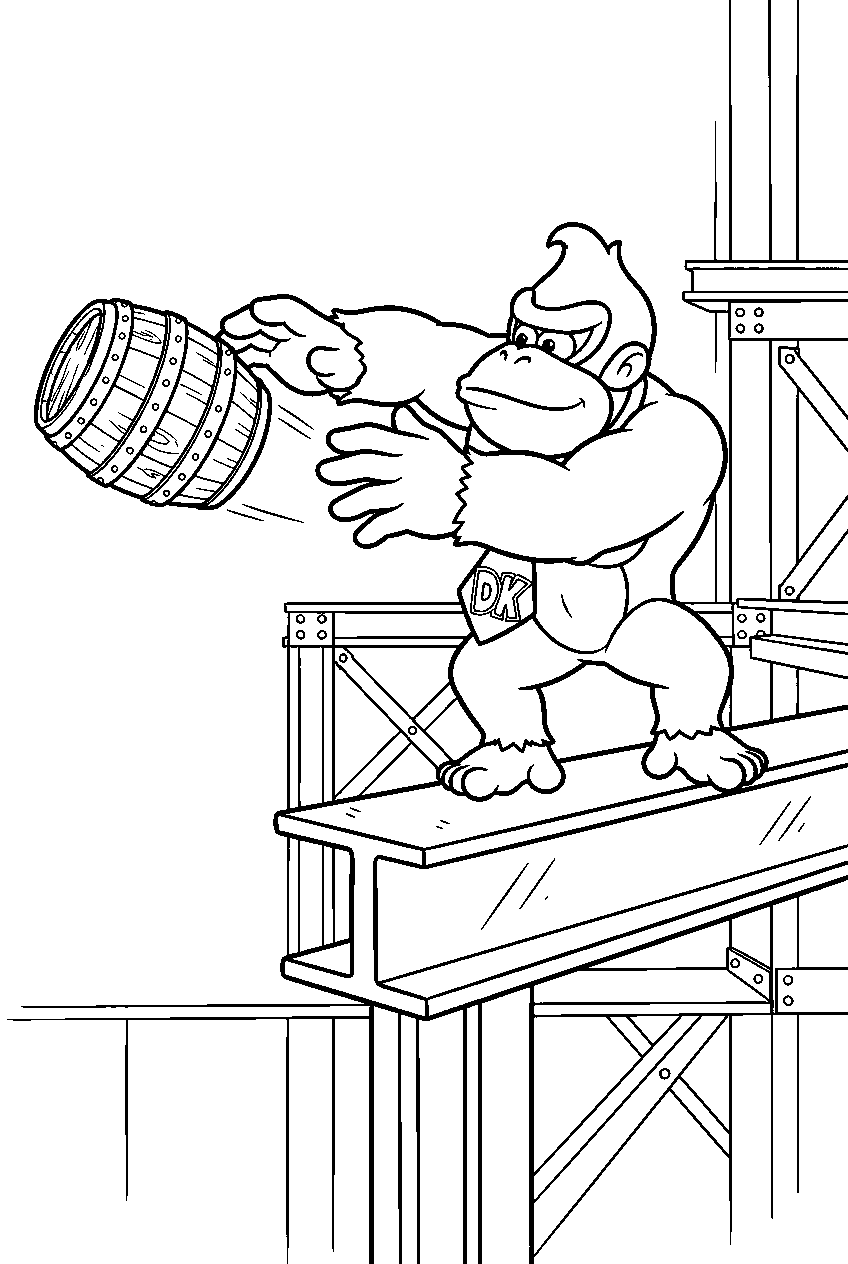 donkey kong throwing a wooden barrel from stacked arcade girders line art