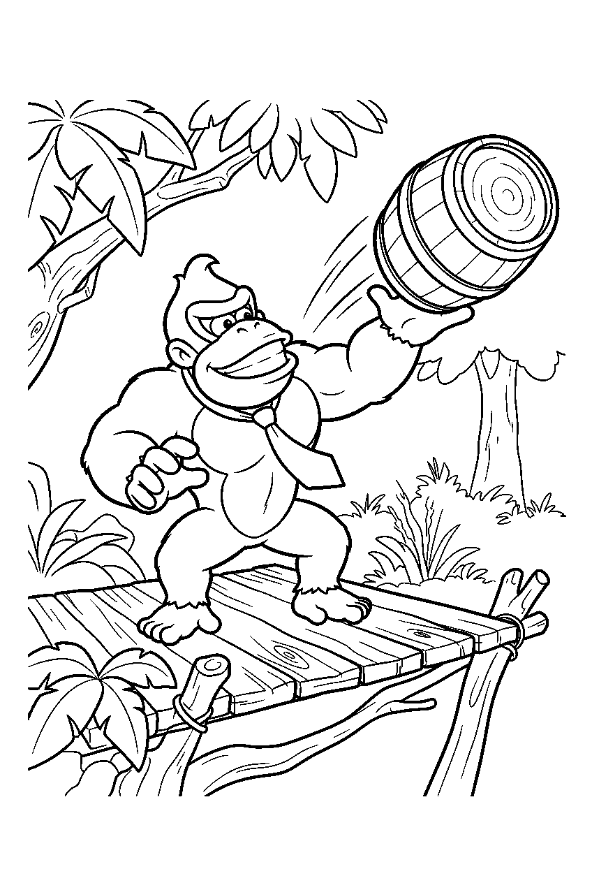 donkey kong tossing a barrel from a treetop platform line art