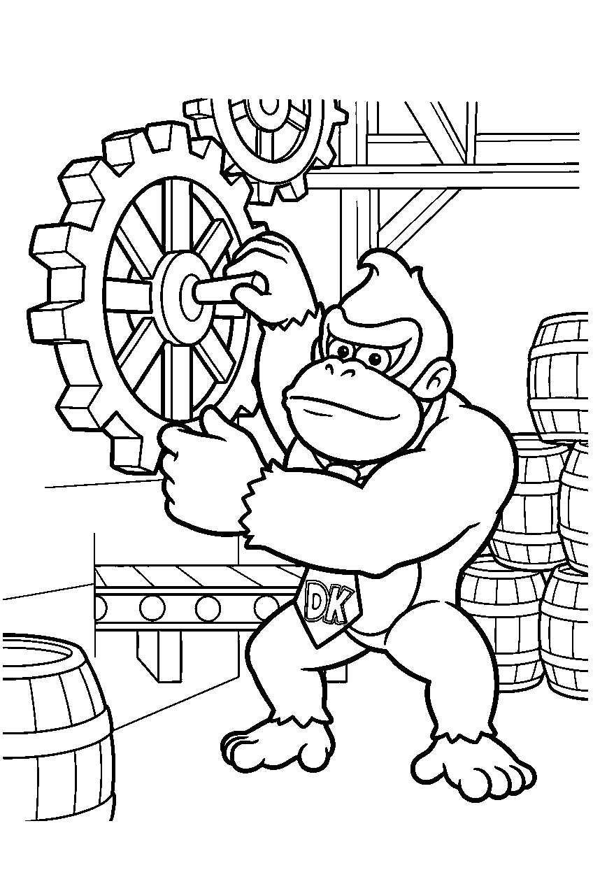 donkey kong turning a large gear inside a barrel factory line art