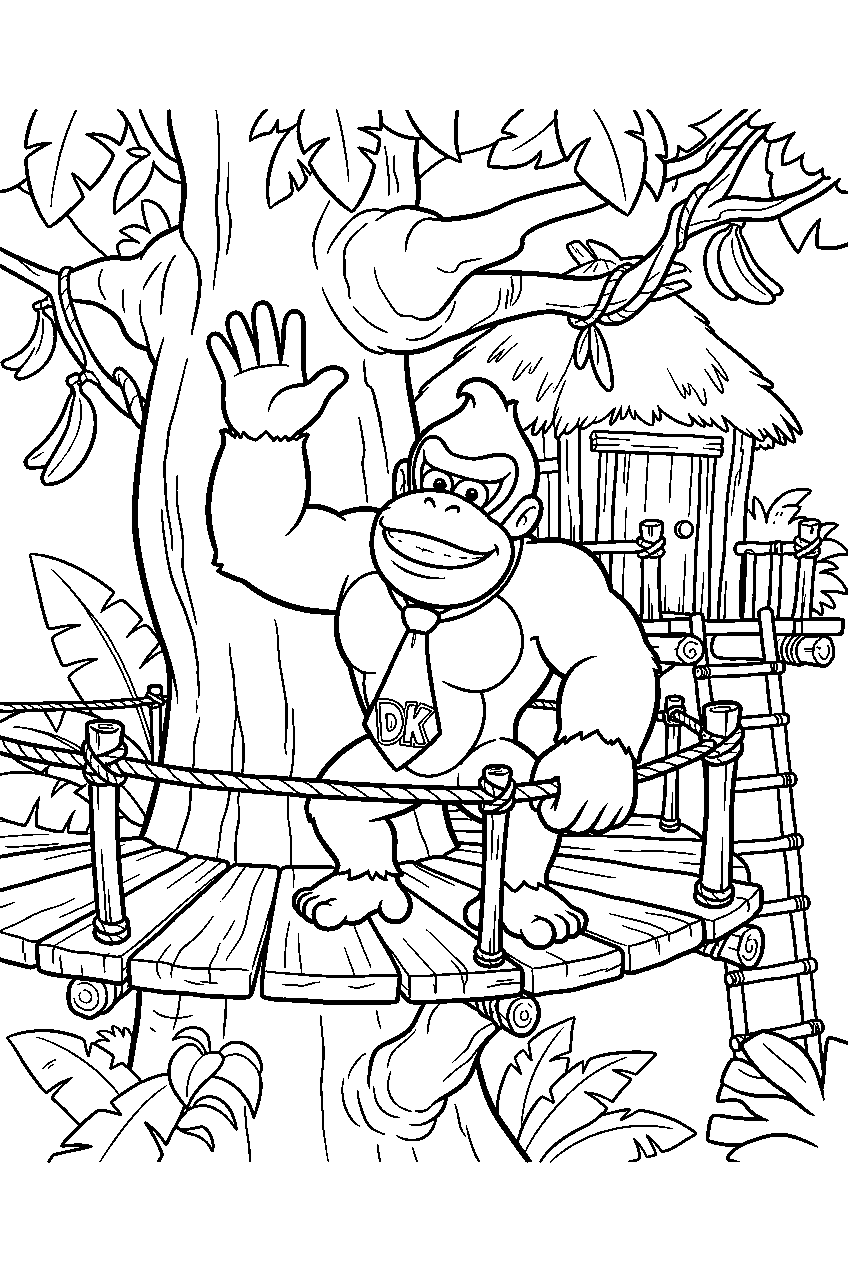 donkey kong waving from a platform at a jungle treehouse line art