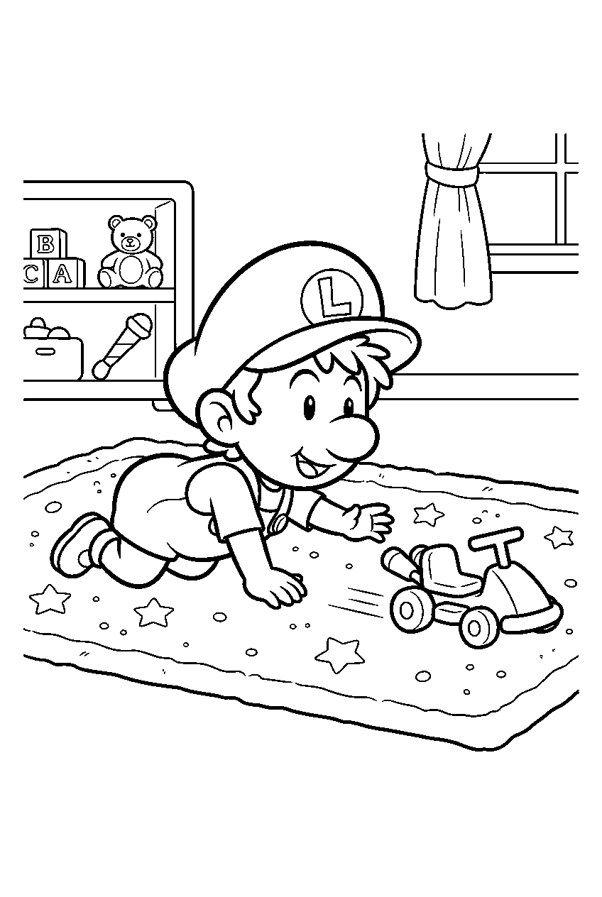 baby luigi crawling after a toy kart on a nursery rug line art