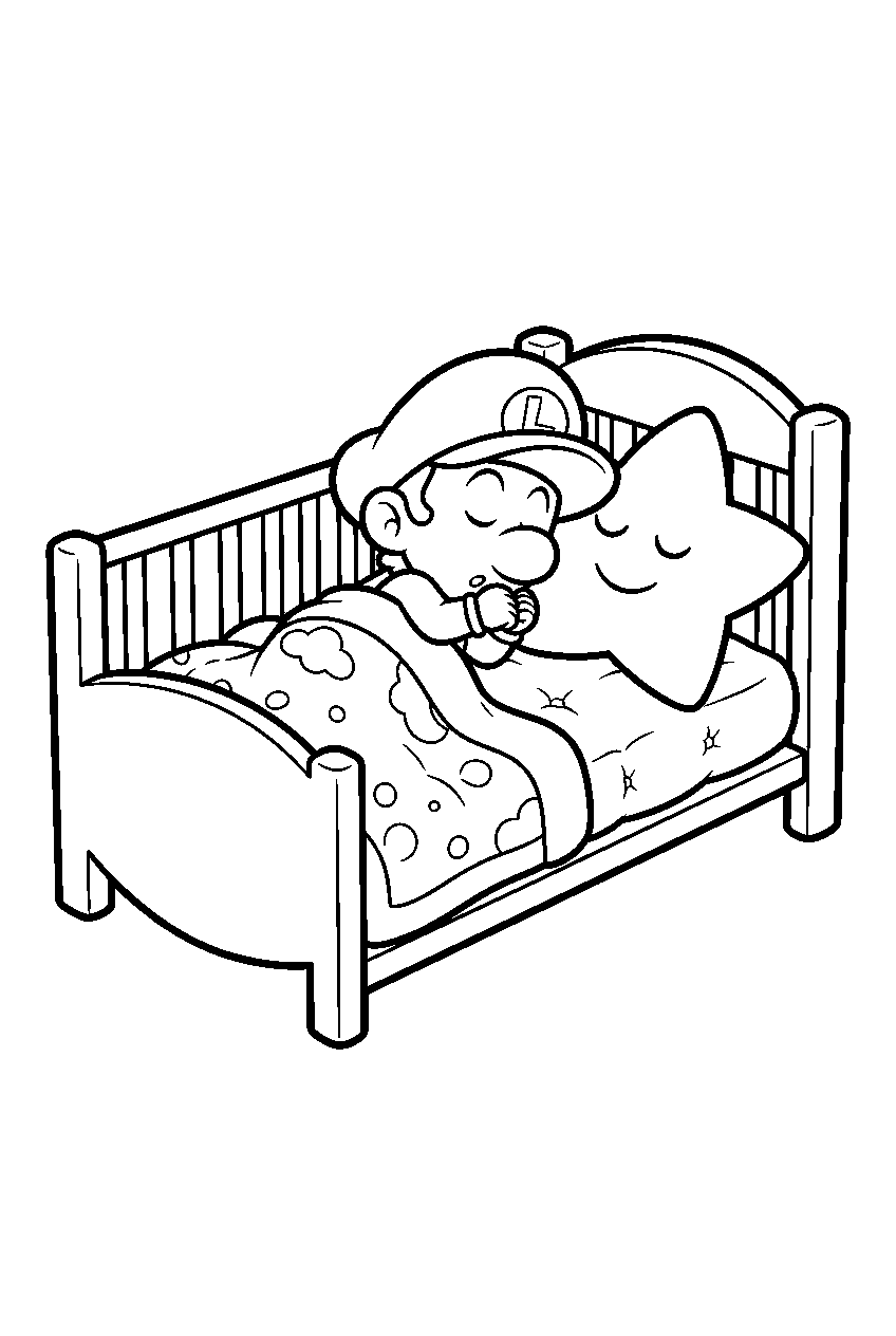 baby luigi sleeping in a crib beside a star pillow line art