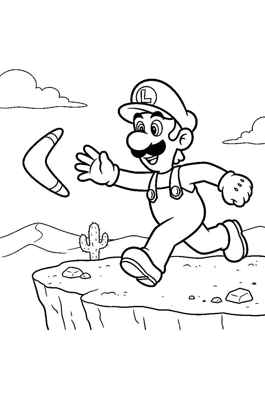 boomerang luigi catching a returning boomerang on a desert platform line art