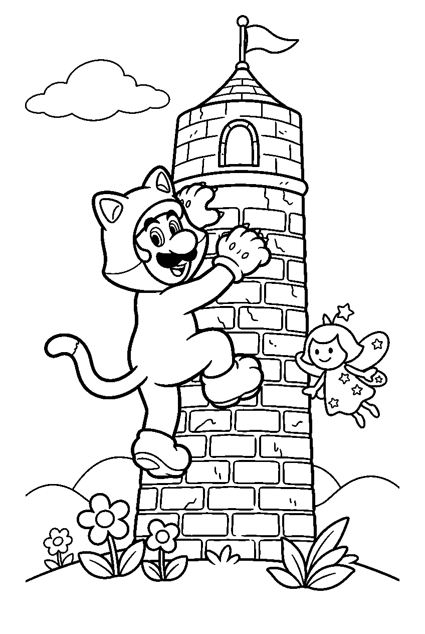 cat luigi climbing a brick tower in the sprixie kingdom line art