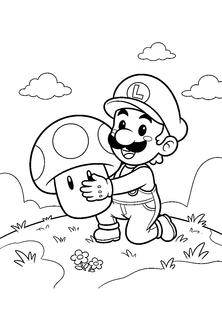 cute chibi luigi hugging a super mushroom on a grassy hill line art