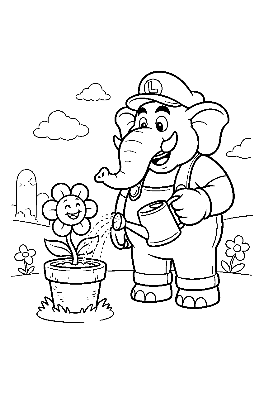 elephant luigi spraying water onto a talking flower in the flower kingdom line art