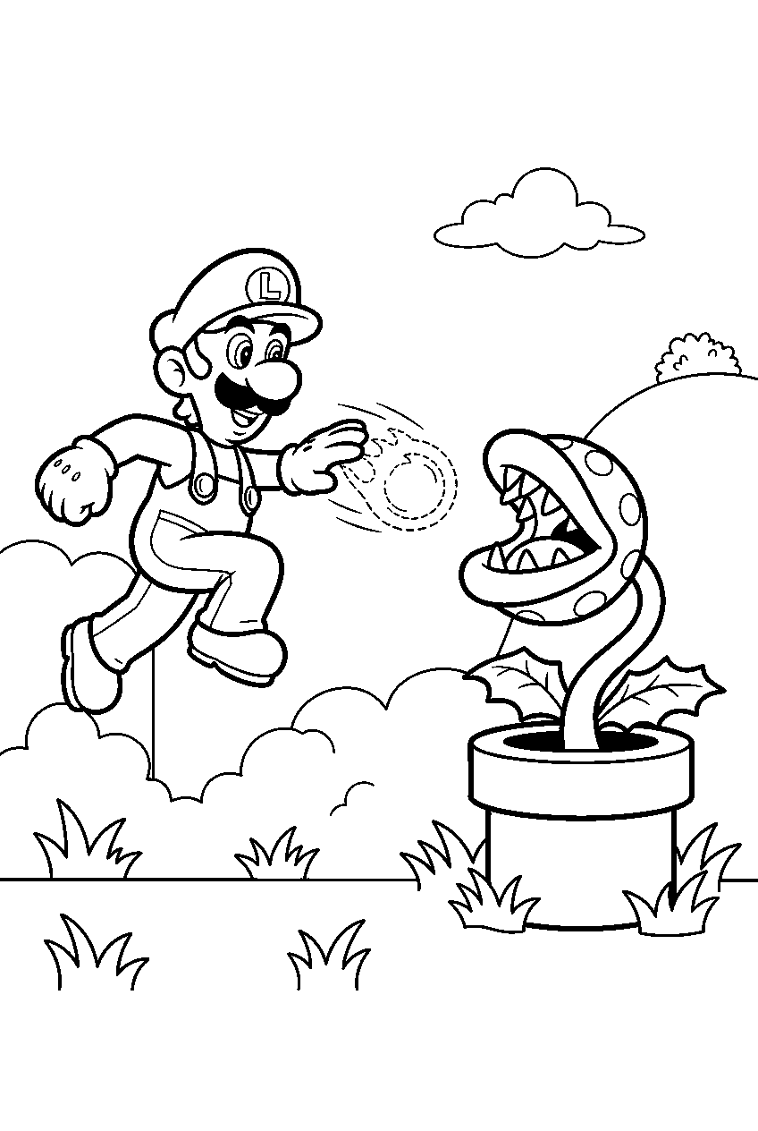 fire luigi tossing a fireball at a piranha plant in a grassland level line art