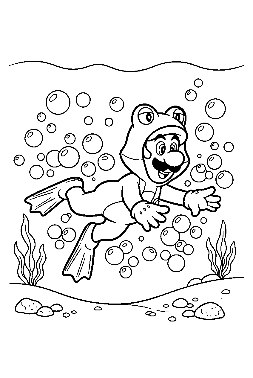 frog luigi swimming through bubbles in an underwater level line art