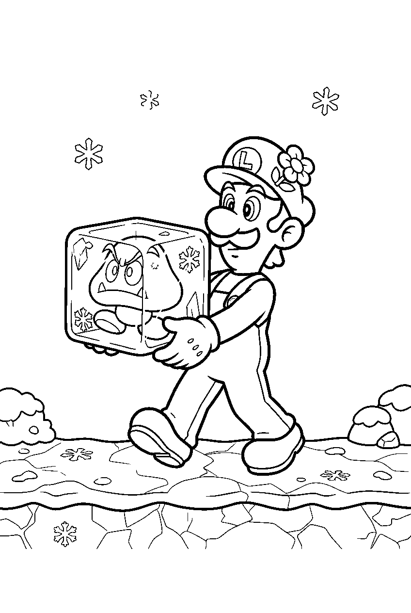 ice luigi carrying a frozen goomba block across a snowy platform line art