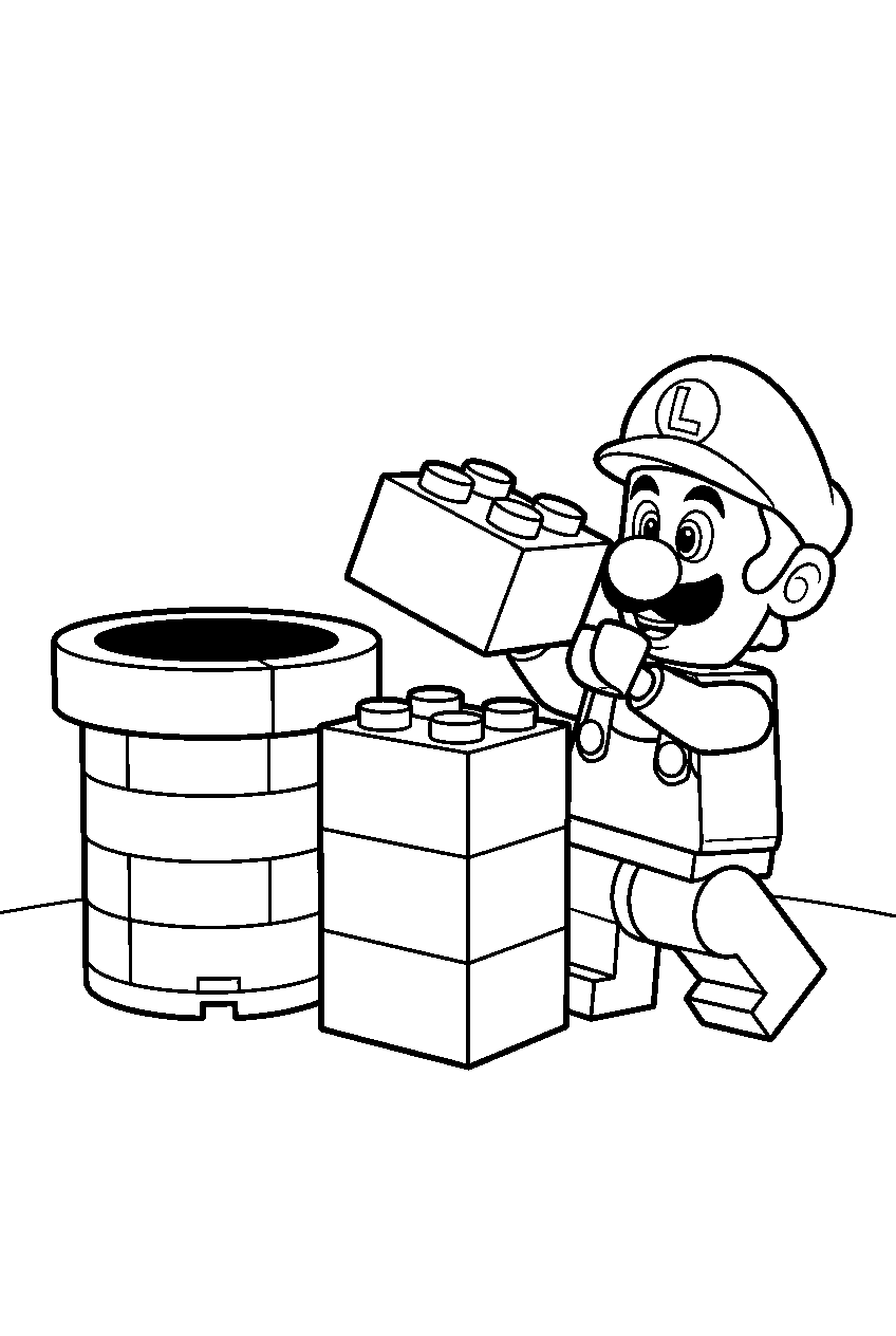 lego luigi stacking large bricks beside a lego warp pipe line art