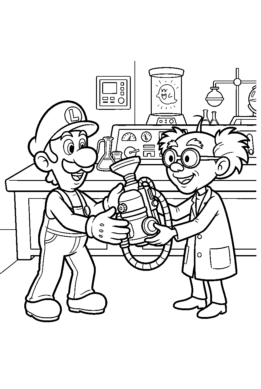 luigi accepting the poltergust from professor e gadd in the ghost research lab line art