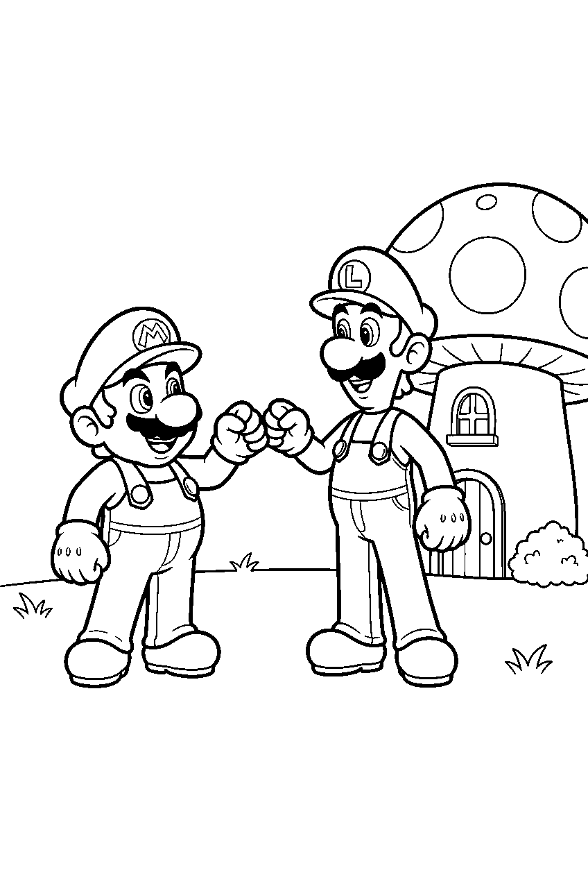 luigi and mario bumping fists beside a mushroom house line art