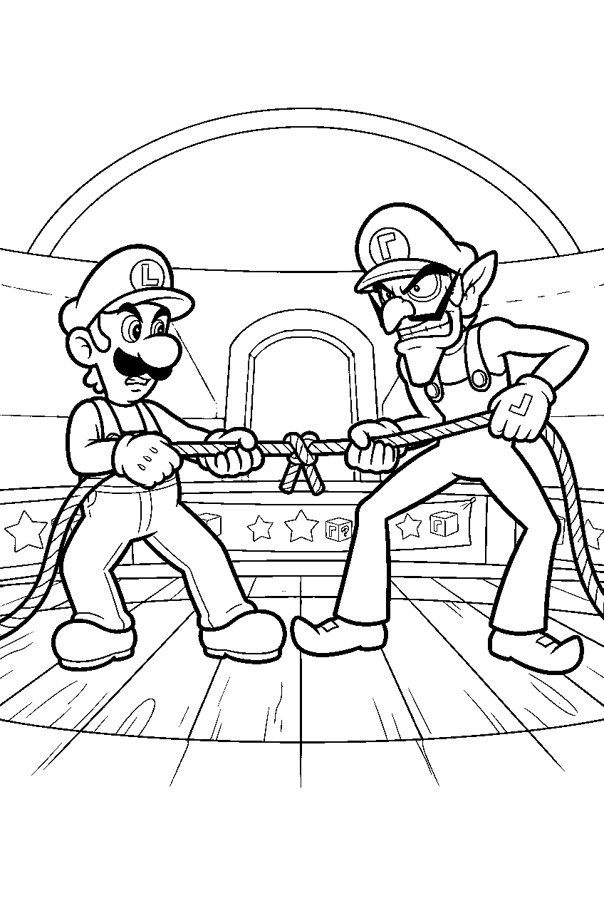 luigi and waluigi playing tug of war in a mario party arena line art