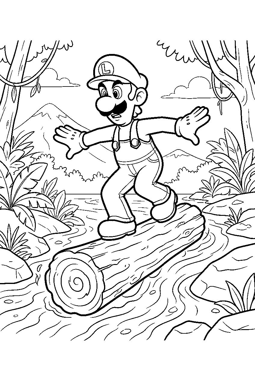 luigi balancing on a rolling log above a jungle stream line art