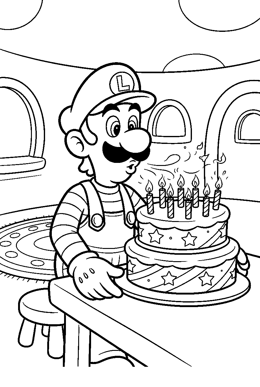 luigi blowing out candles on a birthday cake in a mushroom house line art