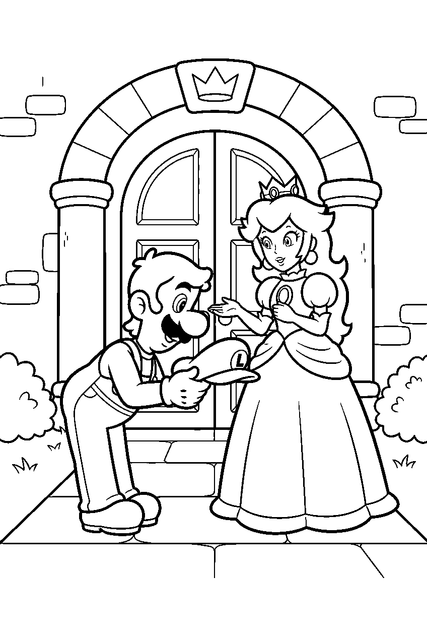 luigi bowing to princess peach at the castle entrance line art