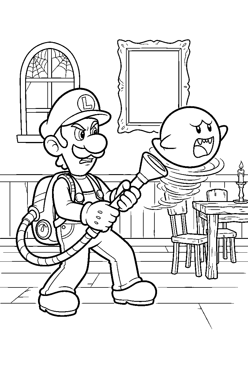 luigi catching a boo with the poltergust in a haunted dining room line art