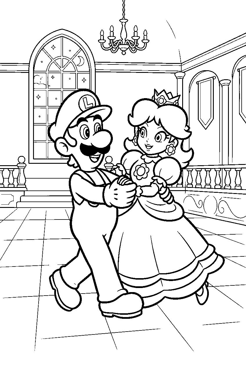 luigi dancing with princess daisy in a castle ballroom line art